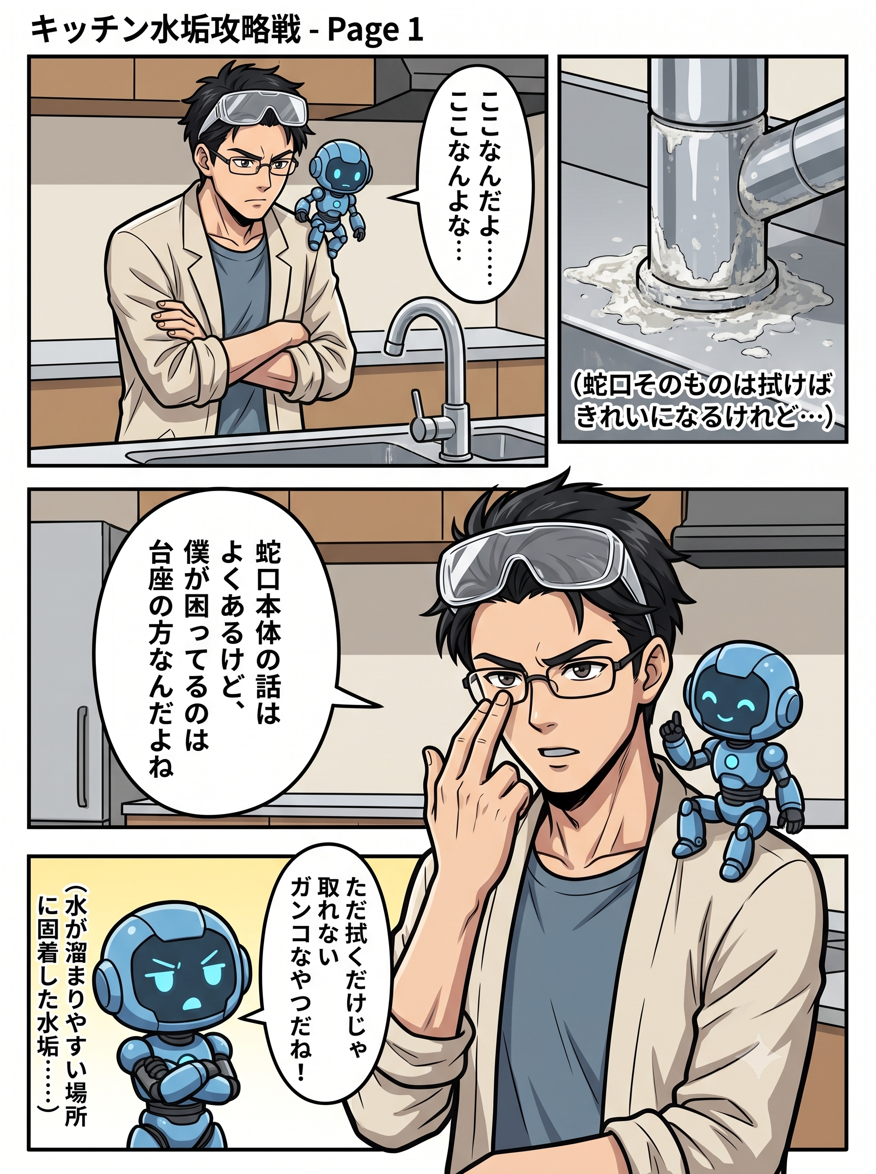 蛇口の台座に固着した水垢に気づく漫画1ページ目