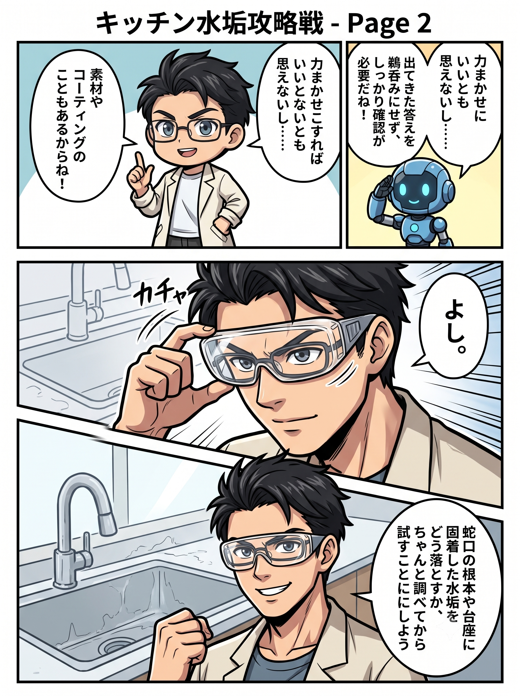 蛇口の水垢をちゃんと調べてから試す漫画2ページ目
