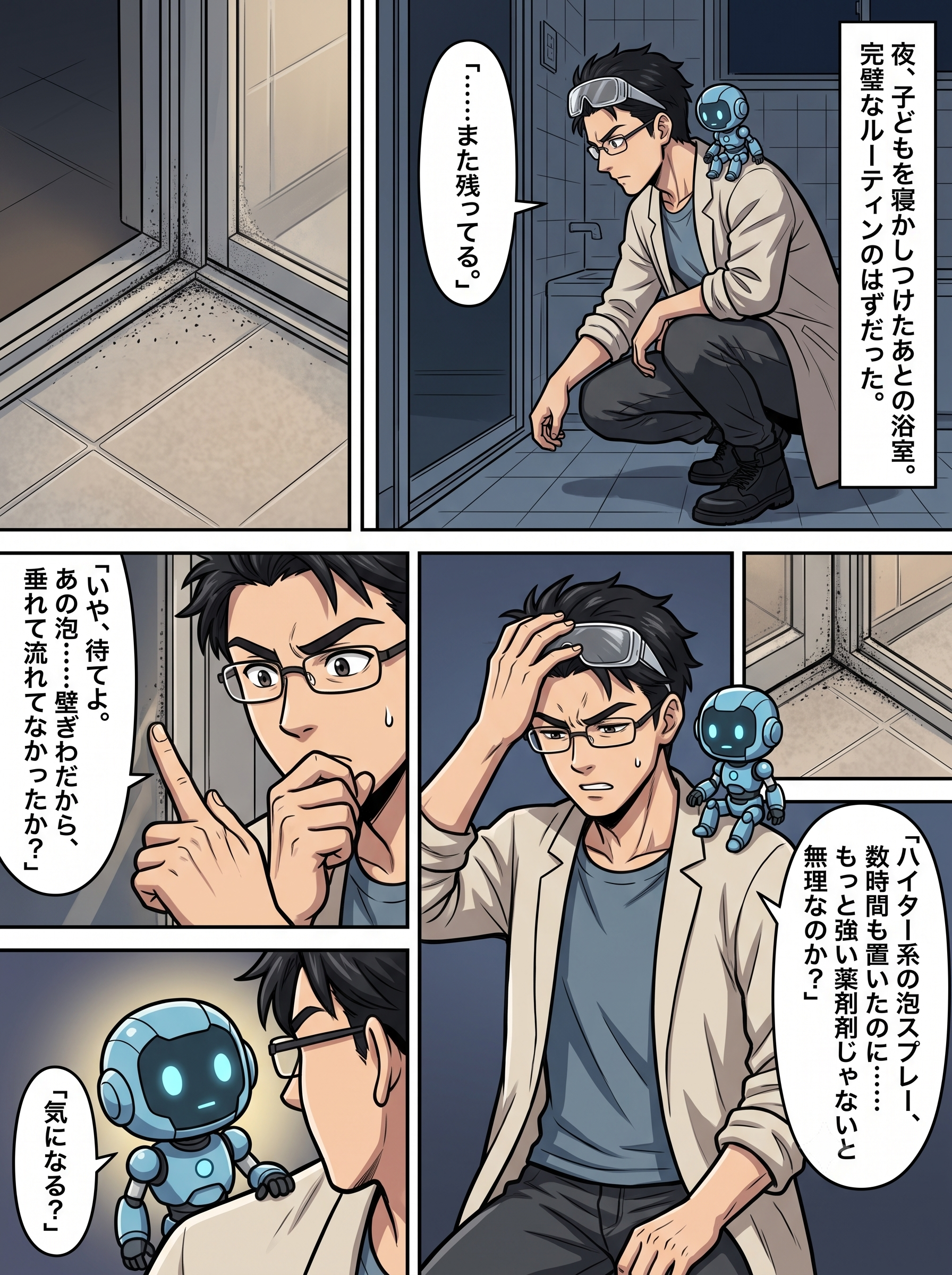 お風呂のパッキン（コーキング）に残る黒カビに気づくりくと（漫画1ページ目）