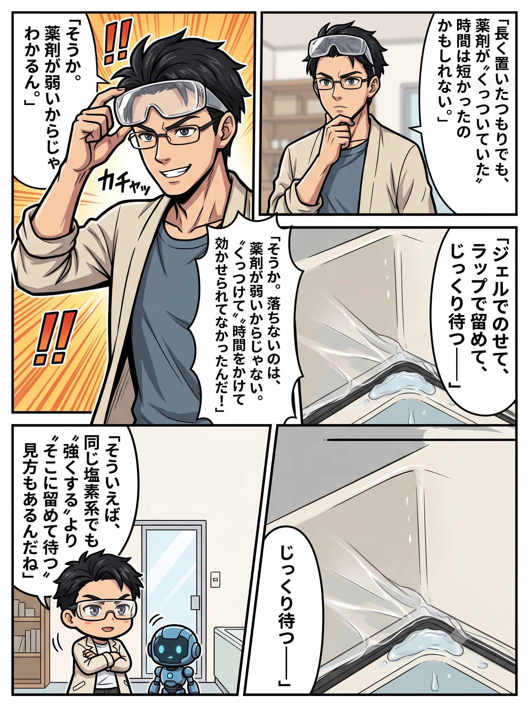 密着と時間でお風呂のパッキンのカビを落とす気づき（漫画2ページ目）
