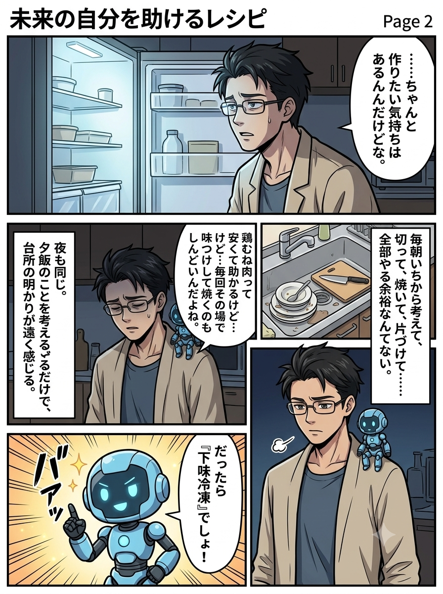 鶏むねの下味冷凍を相棒に教わる漫画2ページ目