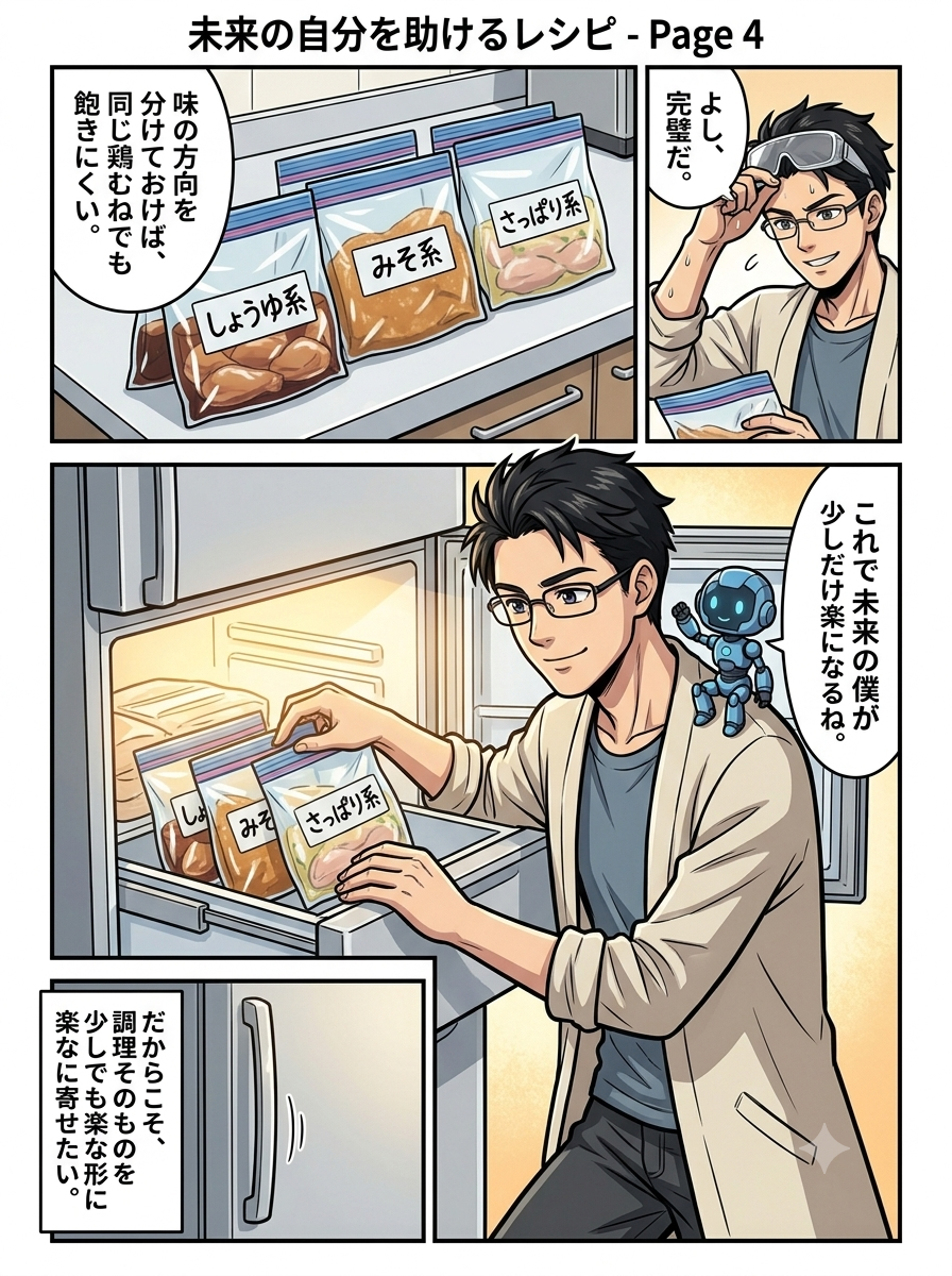 4種の下味を冷凍庫にしまう漫画4ページ目